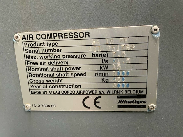Atlas copco ga 15 ff luchtcompressor met buffertank - afbeelding 7 van  8