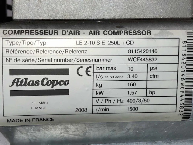 Atlas copco le 2 10 s e 250l + cd 2-cilinder luchtcompressor - afbeelding 8 van  16
