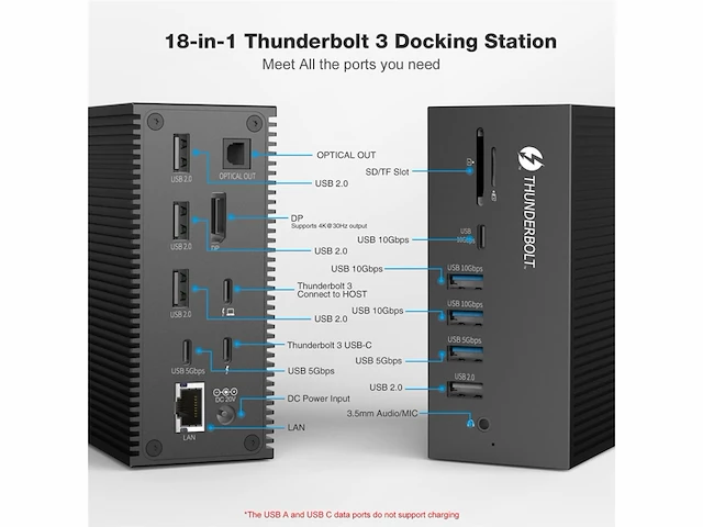 Ayclif 18in1 thunderbolt 3 dockingstation 100 w laptoplading 18 w smartphone opladen zwart - afbeelding 2 van  5