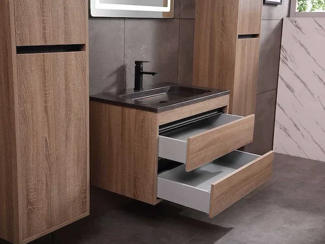 Badkamermeubel 1-persoons 80cm (mat zwart of brown oak) met (hangkast) - afbeelding 15 van  30