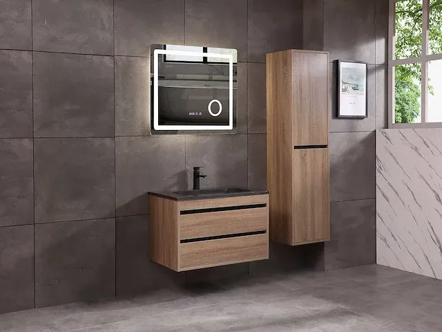 Badkamermeubel 1-persoons 80cm (mat zwart of brown oak) met (hangkast) - afbeelding 1 van  30