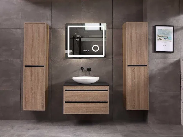 Badkamermeubel 1-persoons 80cm (mat zwart of brown oak) met (hangkast) - afbeelding 22 van  30