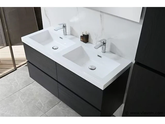 Badkamermeubel 120 cm - donker hout decor + witte dubbele wasbak - incl. kranen - afbeelding 4 van  10