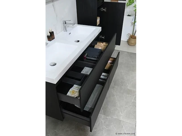 Badkamermeubel 120 cm - donker hout decor + witte dubbele wasbak - incl. kranen - afbeelding 5 van  10
