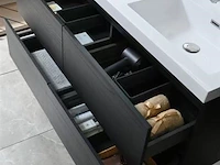 Badkamermeubel 120 cm - donker hout decor + witte dubbele wasbak - incl. kranen - afbeelding 7 van  10