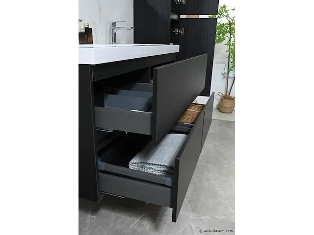 Badkamermeubel 120 cm - donker hout decor + witte dubbele wasbak - incl. kranen - afbeelding 8 van  10