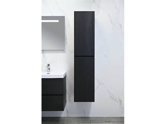 Badkamermeubel 120 cm - donker hout decor + witte dubbele wasbak - incl. kranen - afbeelding 9 van  10