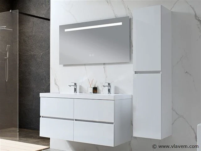 Badkamermeubel 120 cm - hoogglans wit + witte dubbele wasbak - incl. kranen - afbeelding 1 van  9