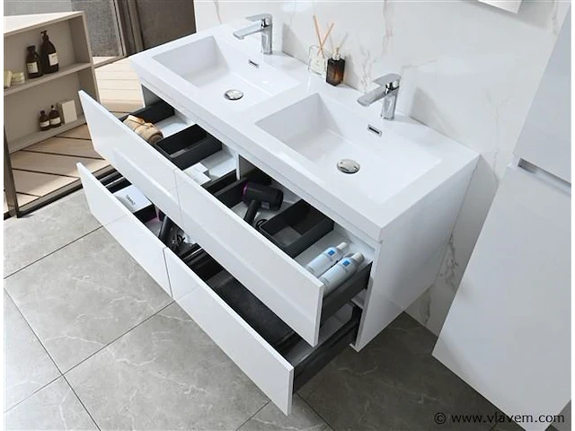 Badkamermeubel 120 cm - hoogglans wit + witte dubbele wasbak - incl. kranen - afbeelding 4 van  9