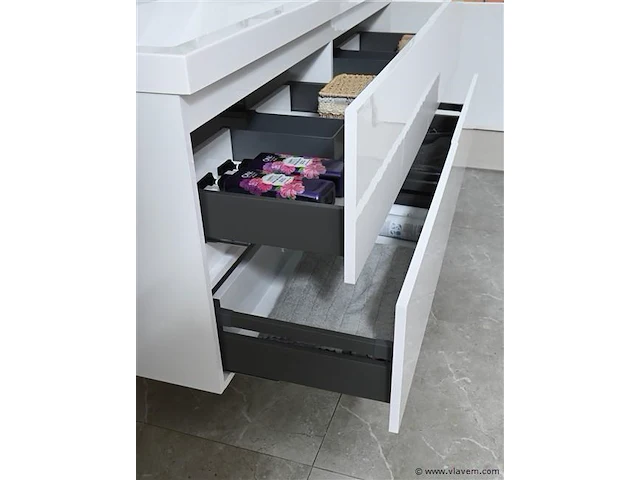 Badkamermeubel 120 cm - hoogglans wit + witte dubbele wasbak - incl. kranen - afbeelding 8 van  9