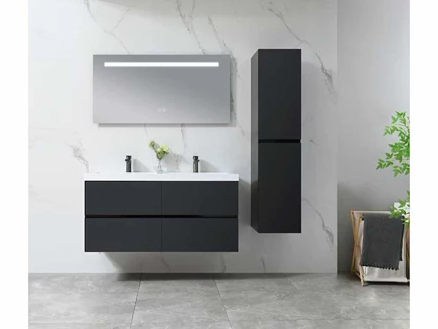 Badkamermeubel 120 cm - hoogglans zwart + witte dubbele wasbak - incl. kranen - afbeelding 2 van  9