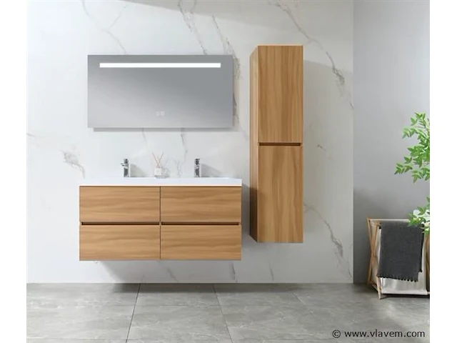 Badkamermeubel 120 cm - licht hout decor + witte dubbele wasbak - incl. kranen - afbeelding 2 van  9