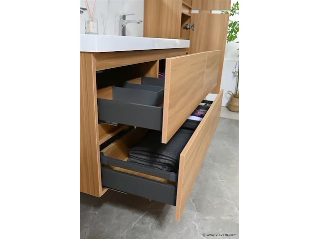 Badkamermeubel 120 cm - licht hout decor + witte dubbele wasbak - incl. kranen - afbeelding 8 van  9