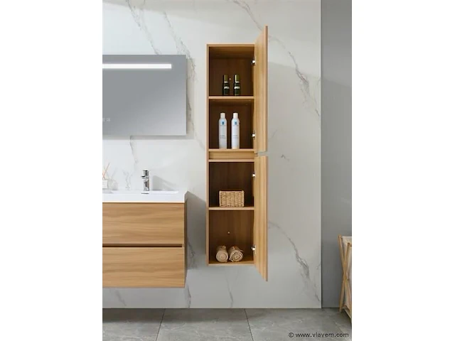 Badkamermeubel 120 cm - licht hout decor + witte dubbele wasbak - incl. kranen - afbeelding 7 van  9