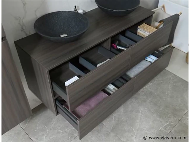 Badkamermeubel 130 cm - donker hout decor + zwarte waskommen - incl. muurkranen - afbeelding 2 van  12