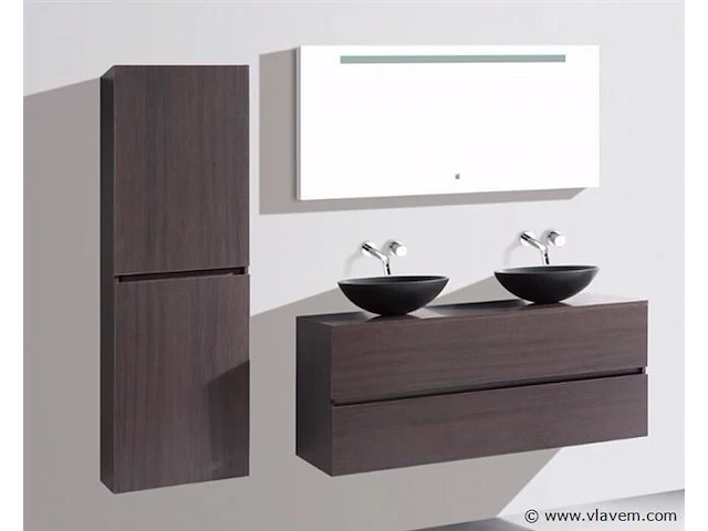 Badkamermeubel 130 cm - donker hout decor + zwarte waskommen - incl. muurkranen - afbeelding 7 van  12
