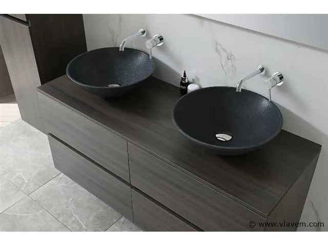 Badkamermeubel 130 cm - donker hout decor + zwarte waskommen - incl. muurkranen - afbeelding 12 van  12