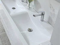 Badkamermeubel 145 cm - hoogglans wit + witte dubbele wasbak - incl. kranen - afbeelding 7 van  9