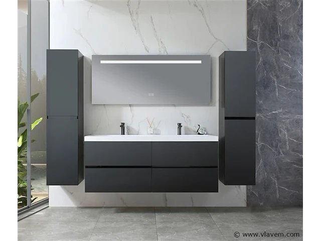 Badkamermeubel 145 cm - hoogglans zwart + witte dubbele wasbak - incl. kranen - afbeelding 2 van  8