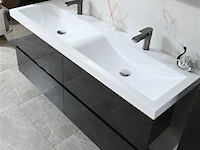Badkamermeubel 145 cm - hoogglans zwart + witte dubbele wasbak - incl. kranen - afbeelding 3 van  8