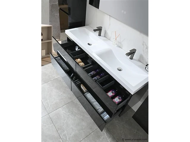 Badkamermeubel 145 cm - hoogglans zwart + witte dubbele wasbak - incl. kranen - afbeelding 4 van  8