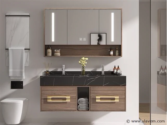 Badkamermeubel 2-persoons - 120 cm - hout decor met zwarte marmeren wasbak - incl. kranen - afbeelding 1 van  4
