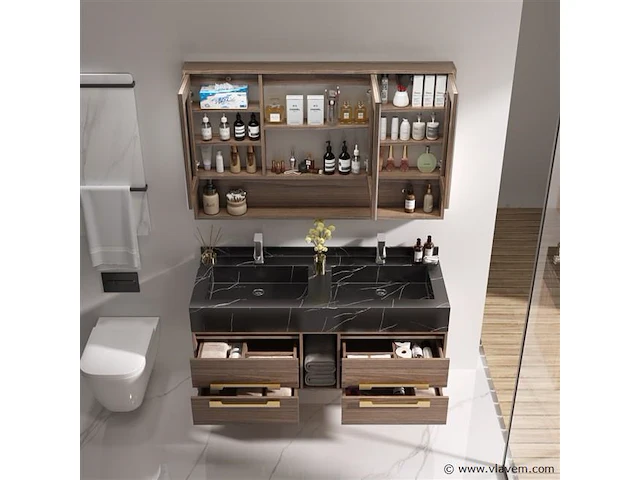 Badkamermeubel 2-persoons - 120 cm - hout decor met zwarte marmeren wasbak - incl. kranen - afbeelding 3 van  4