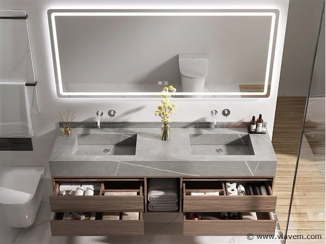 Badkamermeubel 2-persoons - 150 cm - hout decor met grijze marmeren wasbak - incl. muurkranen - afbeelding 3 van  4