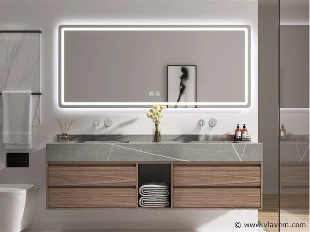 Badkamermeubel 2-persoons - 150 cm - hout decor met grijze marmeren wasbak - incl. muurkranen - afbeelding 1 van  4