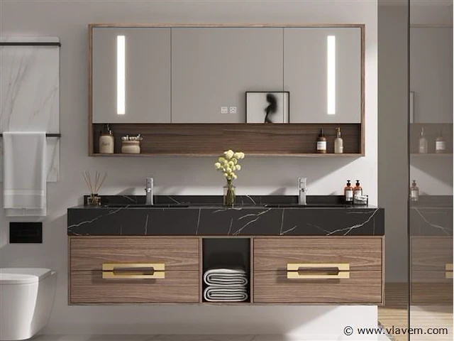 Badkamermeubel 2-persoons - 150 cm - hout decor met zwarte marmeren wasbak - incl. kranen - afbeelding 1 van  4