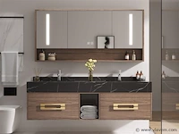 Badkamermeubel 2-persoons - 150 cm - hout decor met zwarte marmeren wasbak - incl. kranen - afbeelding 1 van  4