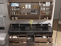 Badkamermeubel 2-persoons - 150 cm - hout decor met zwarte marmeren wasbak - incl. kranen - afbeelding 3 van  4