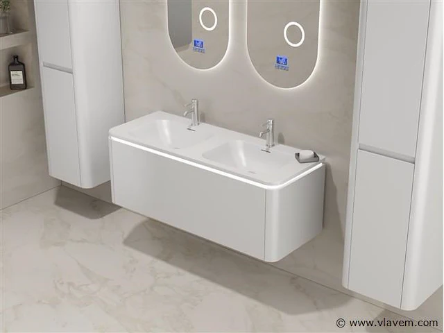 Badkamermeubel 2 persoons 120 cm - wit - 2 zijkasten, 2 ovale spiegels - afbeelding 3 van  5