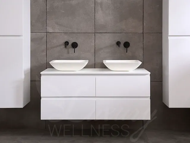 Badkamermeubel 2-persoons 120cm (mat wit) met (hangkast) en led spiegel en diverse wastafel combinaties - afbeelding 10 van  42