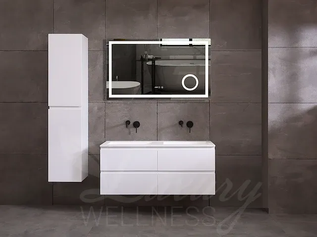 Badkamermeubel 2-persoons 120cm (mat wit) met (hangkast) en led spiegel en diverse wastafel combinaties - afbeelding 1 van  42