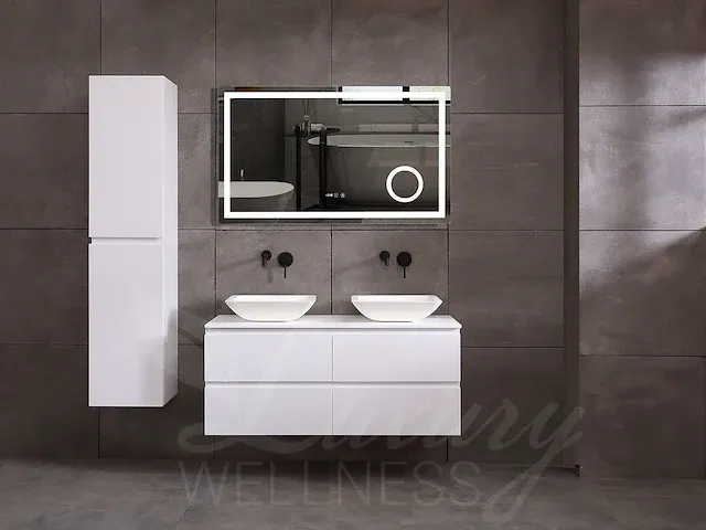 Badkamermeubel 2-persoons 120cm (mat wit) met (hangkast) en led spiegel en diverse wastafel combinaties - afbeelding 13 van  42