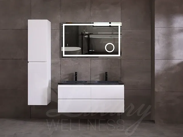 Badkamermeubel 2-persoons 120cm (mat wit) met (hangkast) en led spiegel en diverse wastafel combinaties - afbeelding 12 van  42