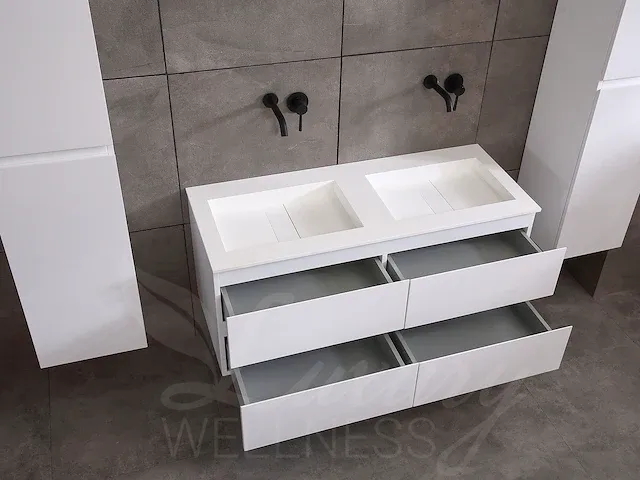Badkamermeubel 2-persoons 120cm (mat wit) met (hangkast) en led spiegel en diverse wastafel combinaties - afbeelding 39 van  42