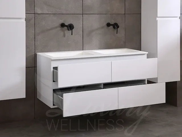 Badkamermeubel 2-persoons 120cm (mat wit) met (hangkast) en led spiegel en diverse wastafel combinaties - afbeelding 41 van  42