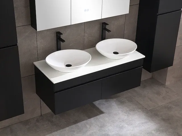 Badkamermeubel 2-persoons 120cm met spiegelkast en (hangkast) mat zwart - afbeelding 9 van  26