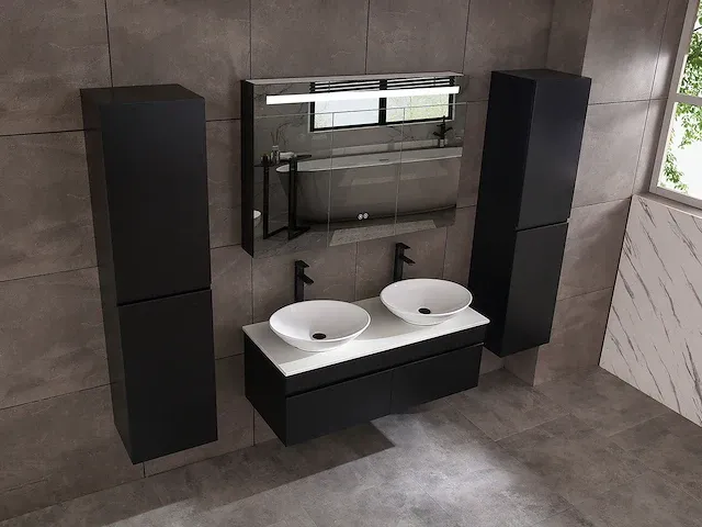 Badkamermeubel 2-persoons 120cm met spiegelkast en (hangkast) mat zwart - afbeelding 20 van  26