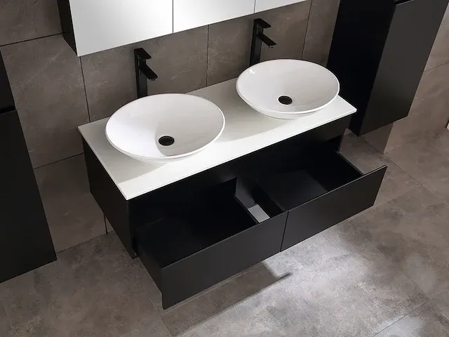 Badkamermeubel 2-persoons 120cm met spiegelkast en (hangkast) mat zwart - afbeelding 22 van  26