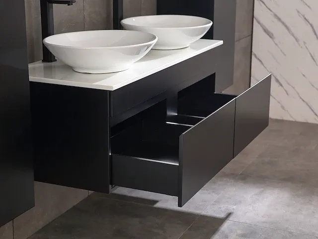 Badkamermeubel 2-persoons 120cm met spiegelkast en (hangkast) mat zwart - afbeelding 23 van  26