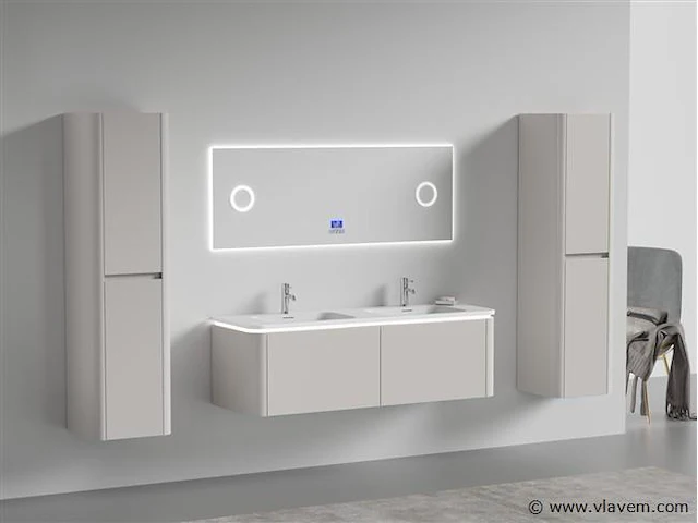 Badkamermeubel 2 persoons 140 cm - taupe - 2 zijkasten, 1 led spiegel - afbeelding 2 van  5