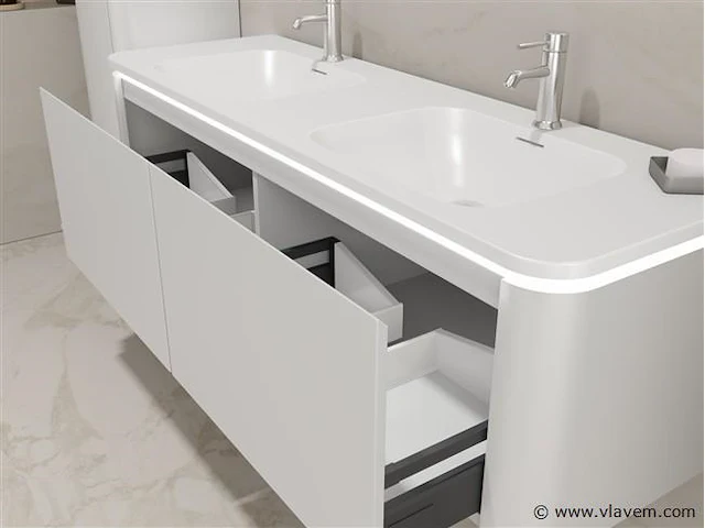 Badkamermeubel 2 persoons 140 cm - wit - 2 zijkasten, 2 ovale spiegels - afbeelding 4 van  5