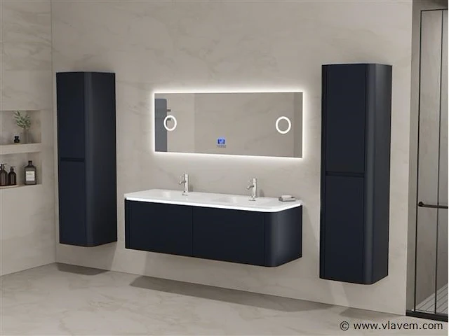 Badkamermeubel 2 persoons 140 cm - zwart - 2 zijkasten, 1 led spiegel - afbeelding 1 van  5