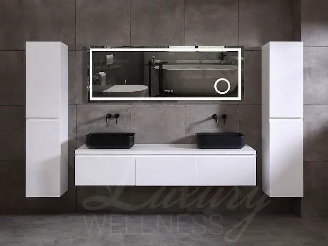 Badkamermeubel 2-persoons 180cm (mat wit) met (hangkast) en led spiegel - afbeelding 11 van  18