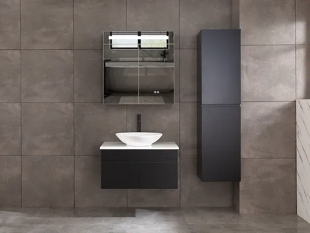 Badkamermeubel 80cm met spiegelkast en (hangkast) mat zwart - afbeelding 1 van  28