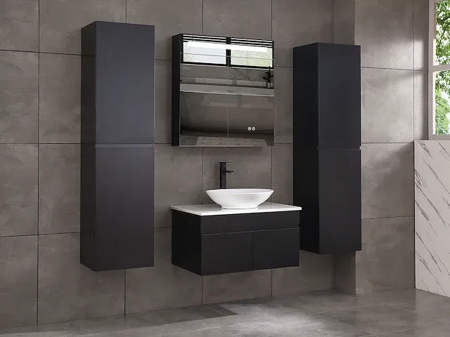 Badkamermeubel 80cm met spiegelkast en (hangkast) mat zwart - afbeelding 12 van  28