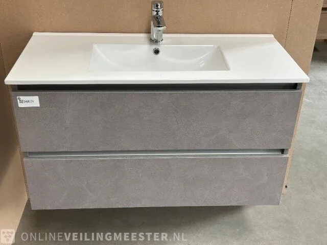 Badmeubel 100 met porseleinen wastafel hr badmeubelen, badmeubel, beton grijs - afbeelding 1 van  6